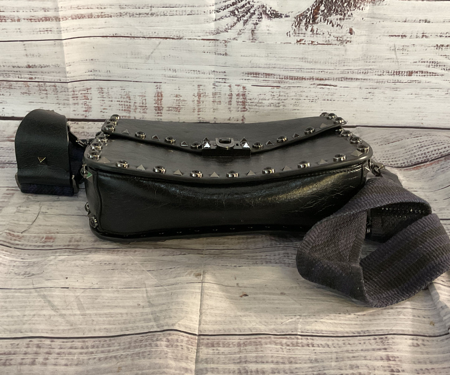 Valentino Leather Rolling Rockstud Guitar Strap Shoulder Crossbody Bag Black