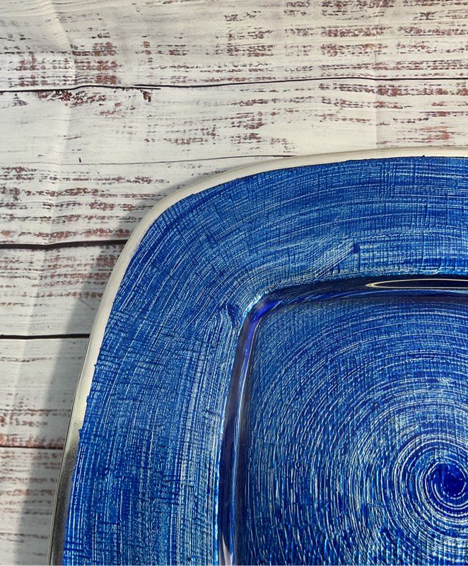 Dogale By Greggio Blue Spiral Square Bent Glass Plate 12.5"