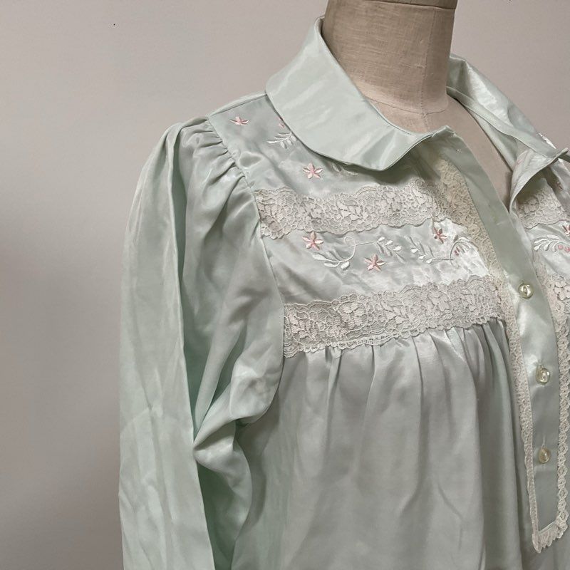 VTG. OSCAR DE LA RENTA Women's Mint Green Satin Embroidered Nightgown- SZ L