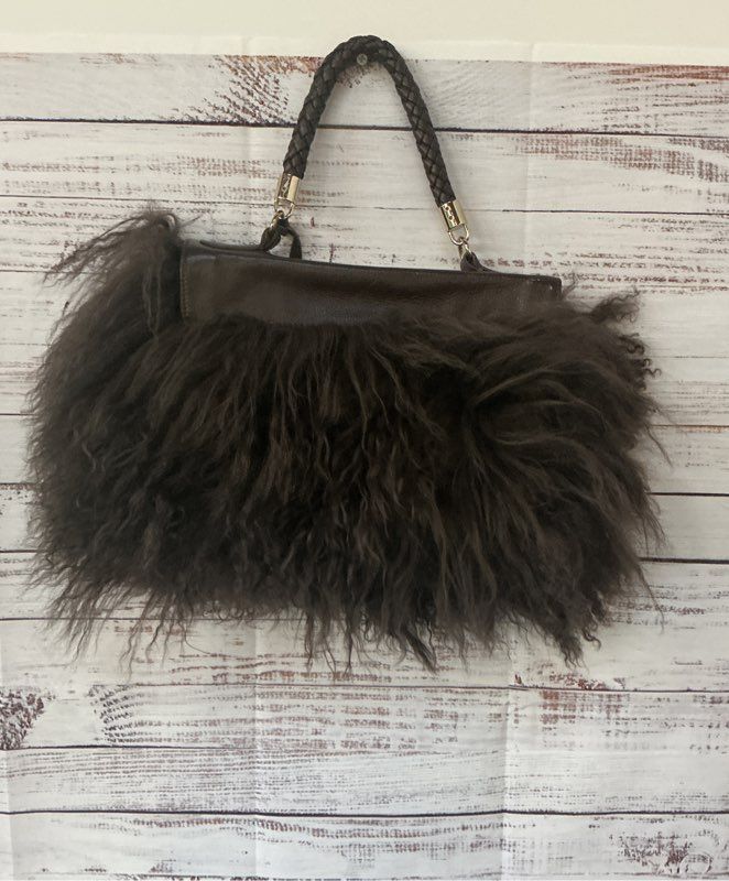 NWT Women's Aqua Madonna Brown Faux Fur and Leather Handbag