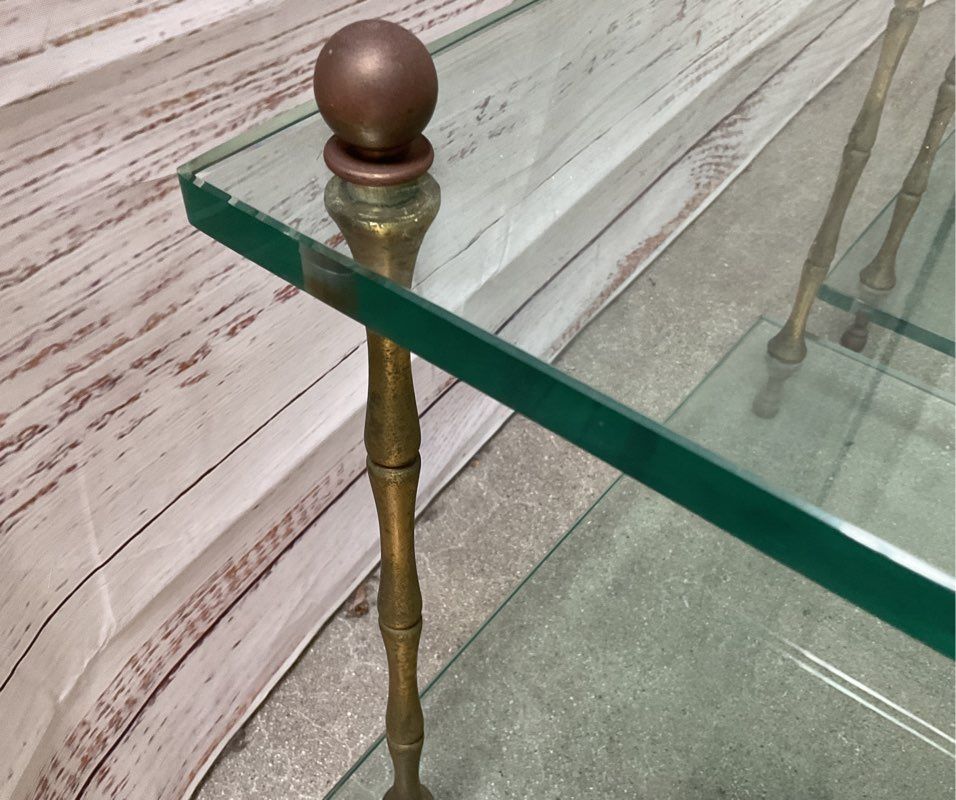 Vintage Baker Style Hollywood Regency Square Bamboo Brass Set of 2 Tables Glass