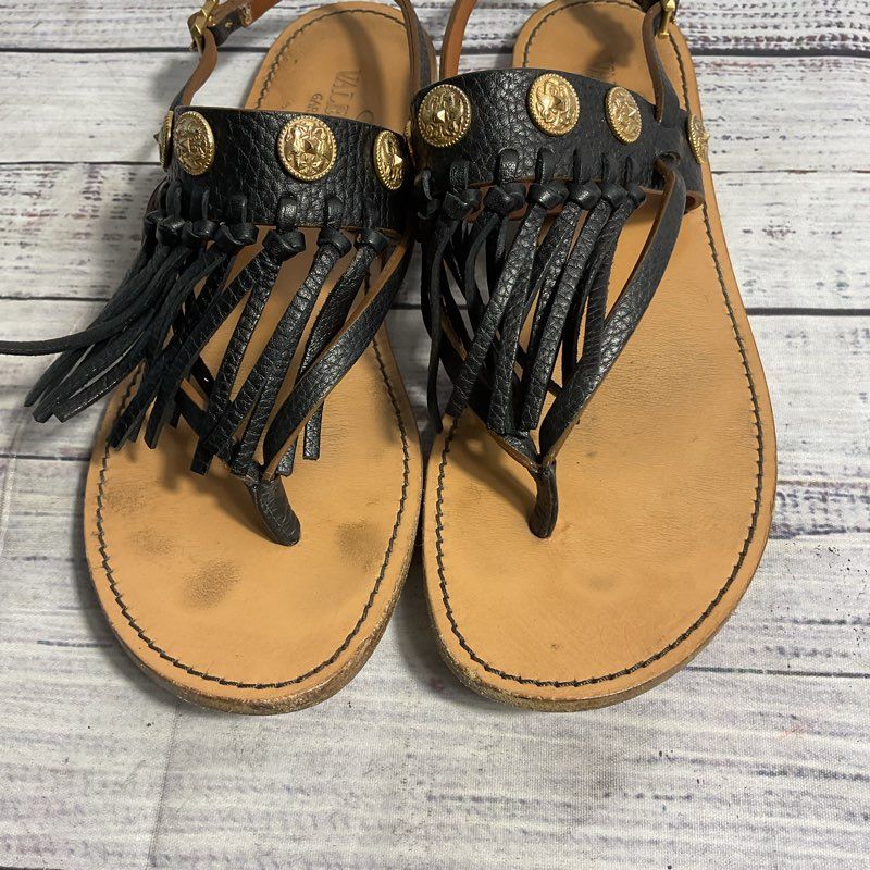Valentino Garavani Black Leather Fringe Coin Detail Gladiator Sandal Flats sz 6