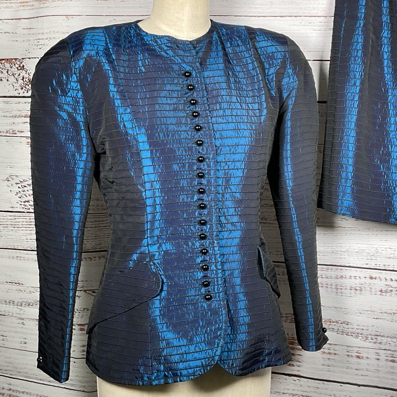 VTG. VICTOR COSTA Women's Satin Blue Skirt Suit- SZ 14