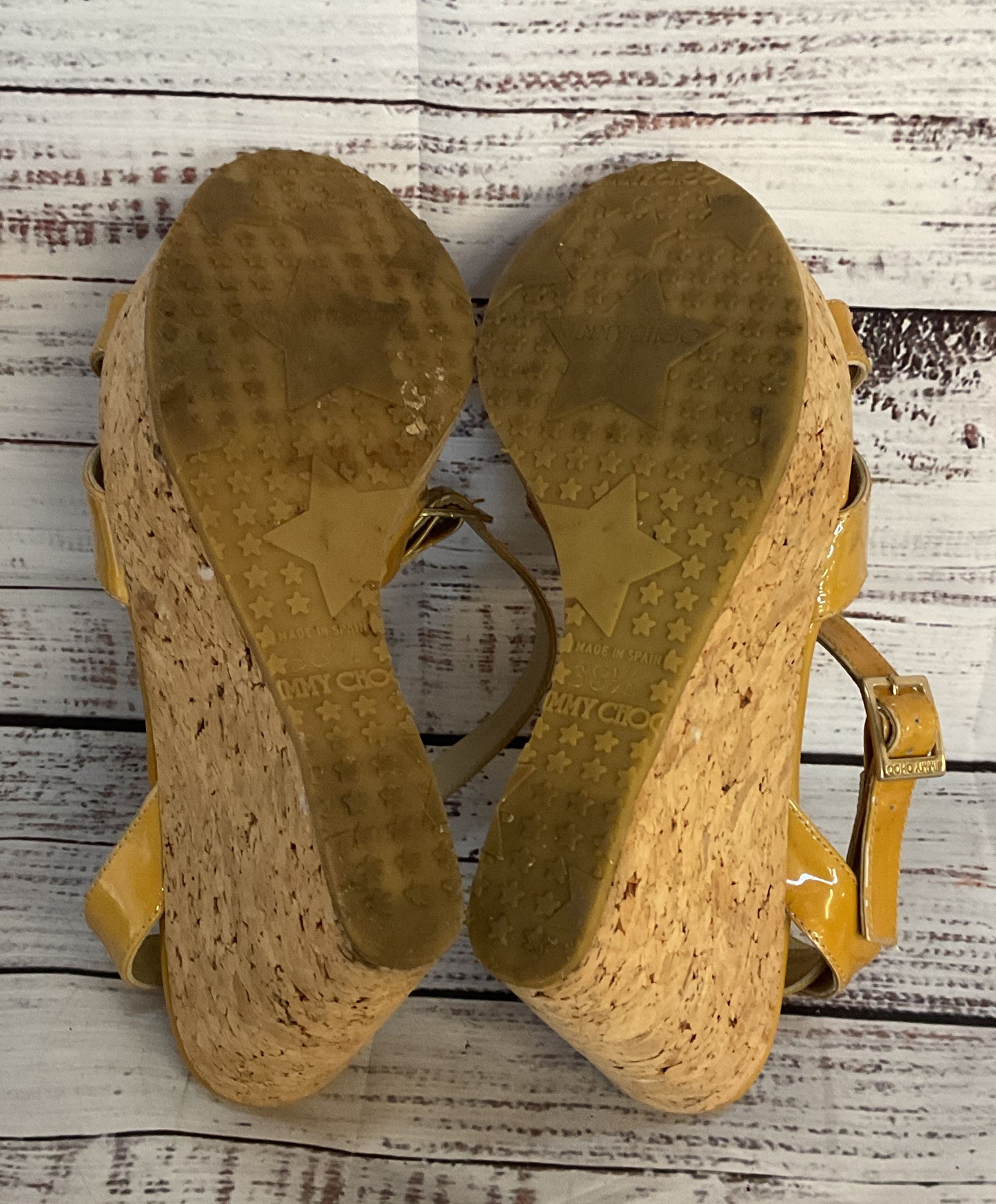 Jimmy Choo Patent Leather Strappy Cork Wedge Sandals Beige 8