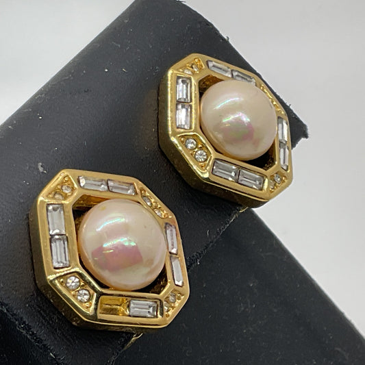CHRISTIAN DIOR Gold Tone Faux Pearl Rhinestone 20mm Earrings- MISSING 1 STONE