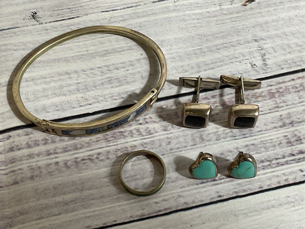 Lot Sterling Alpaca Bracelet, Norway Ring, India Cufflinks, Mex. Earrings 26.65g