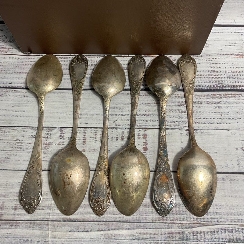 Lot Of 6 Russian MHU Silver Plate Soup Spoons w/ Brown Case