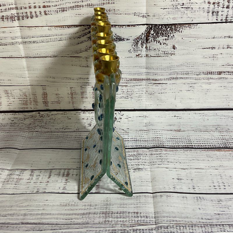 Judaica Art Glass Menorah with Brass- 8.25" x 11"