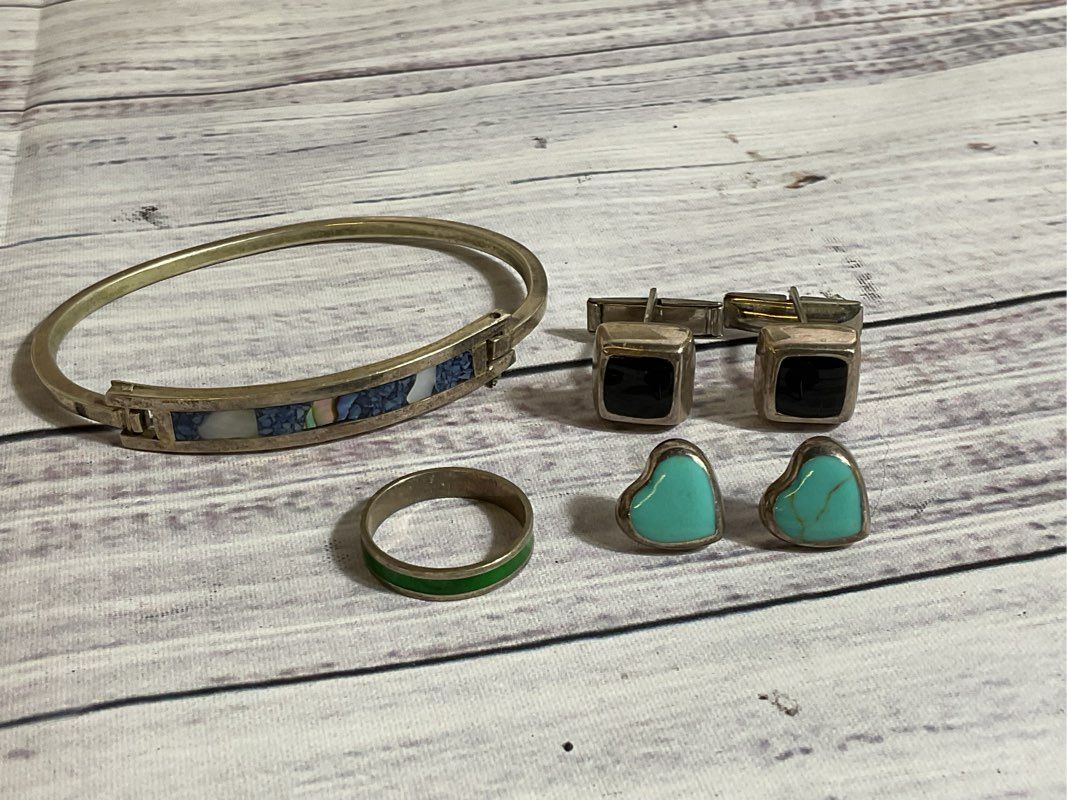 Lot Sterling Alpaca Bracelet, Norway Ring, India Cufflinks, Mex. Earrings 26.65g