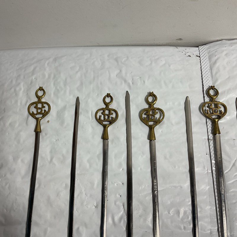 Set Of 12 Vintage Ornate Brass & Steel Kebab Skewers