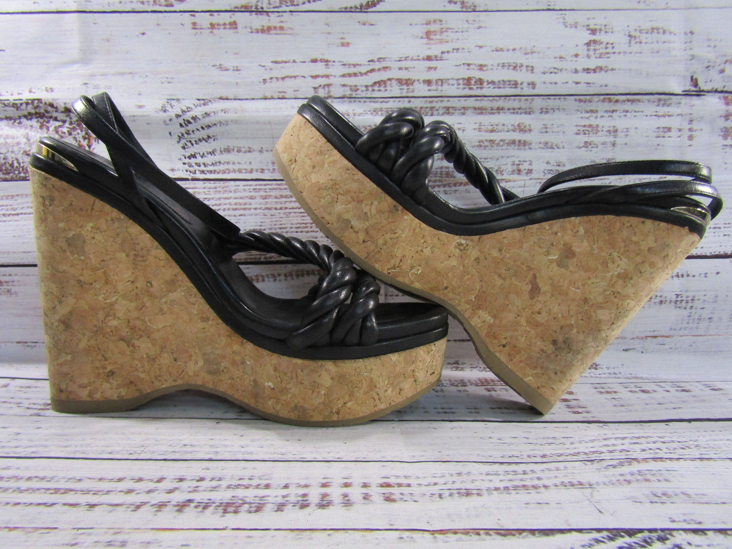 Jimmy Choo Diosa Women's Black Leather Espadrille Wedge Sandals Made in Spain