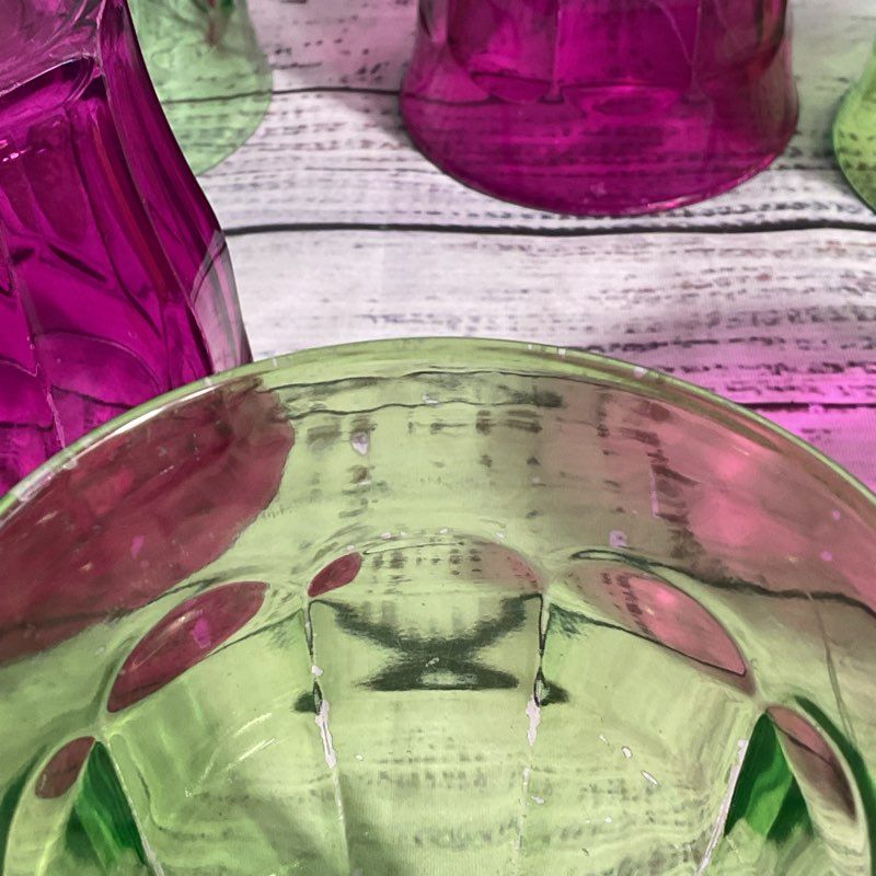 Lot Of 6 Duralex Pink & Green Colored Glass Tumblers 3.5"