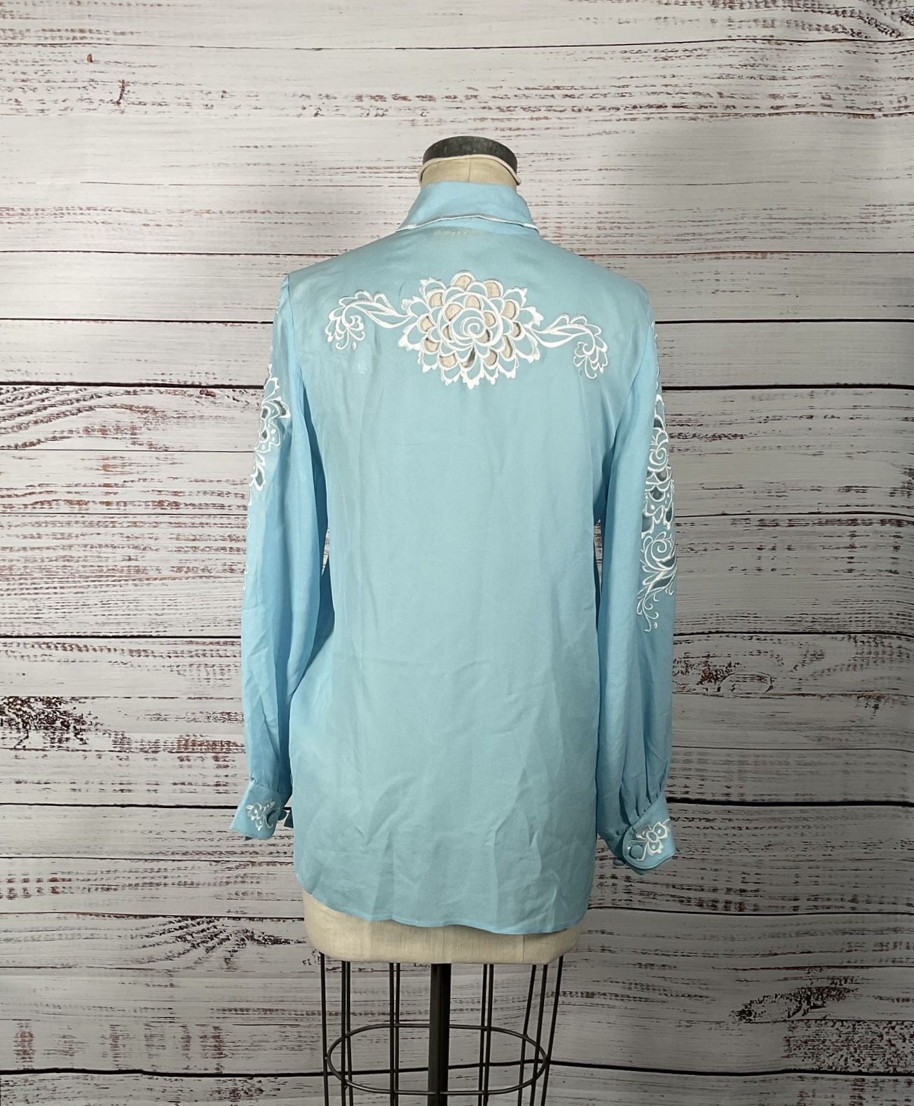 Bob Mackie Wearable Art 100% Silk Button-Up w/ Embroidery Applique and Cut-Outs
