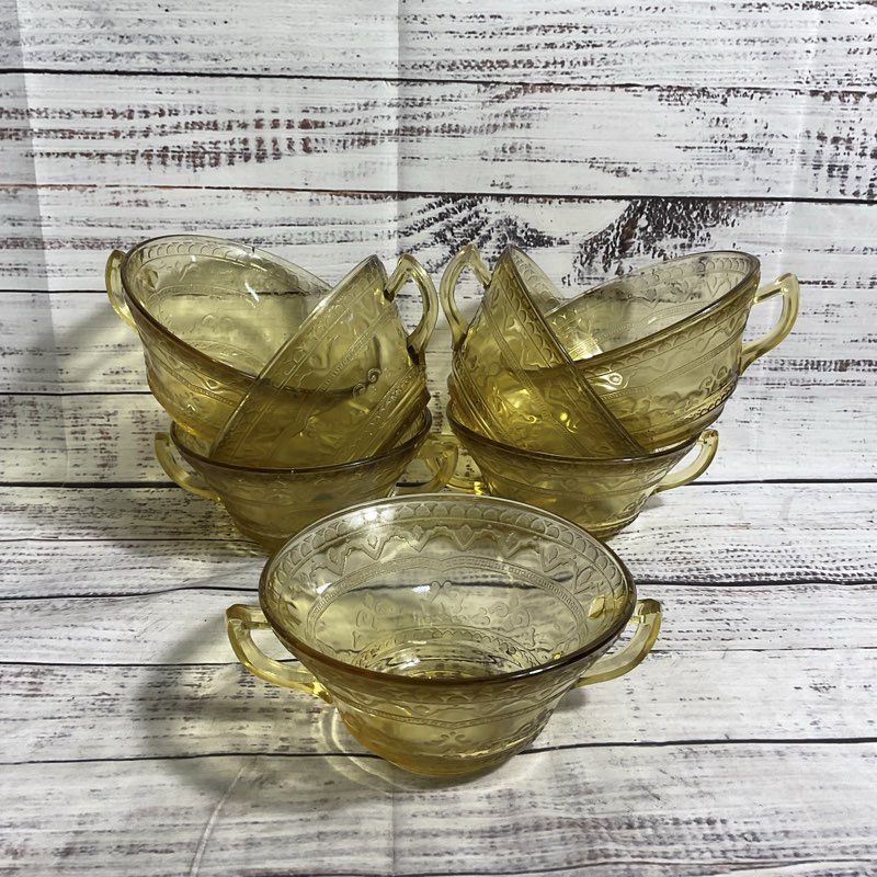 Vtg. Federal Glass Patrician Amber 7 Pc. Depression Era Cream Soup Bowl Set