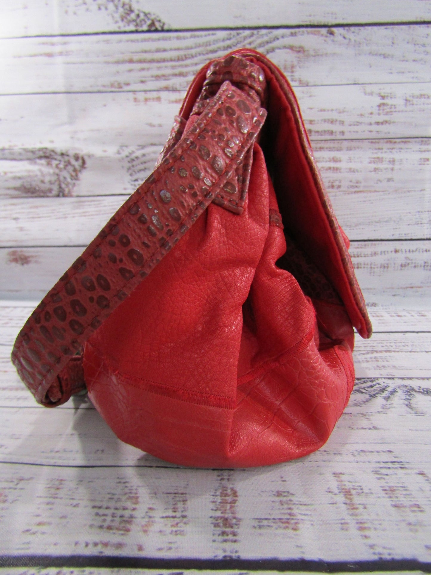 Vintage 1980's NAS Women's Red Leather Multi Print Shoulder Bag