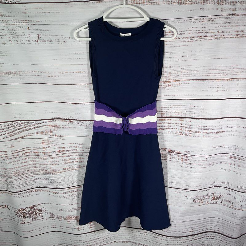 Sandro Purple Zig-Zag Stripe Belt Sleeveless Retro Mod Mini Dress Size in Desc.