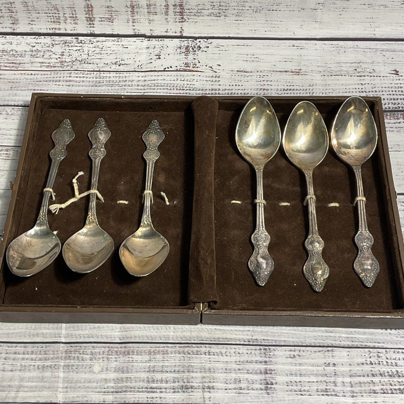 Set Of 6 Russian MHU Silver Plate Soup Spoons w/ Brown Case