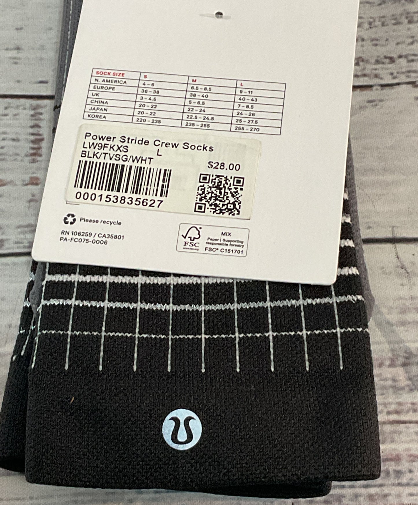 Lululemon Power Stride Training Crew Length Socks Black L