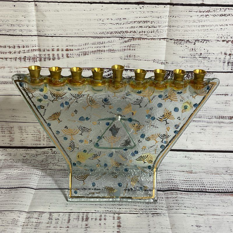 Judaica Art Glass Menorah with Brass- 8.25" x 11"