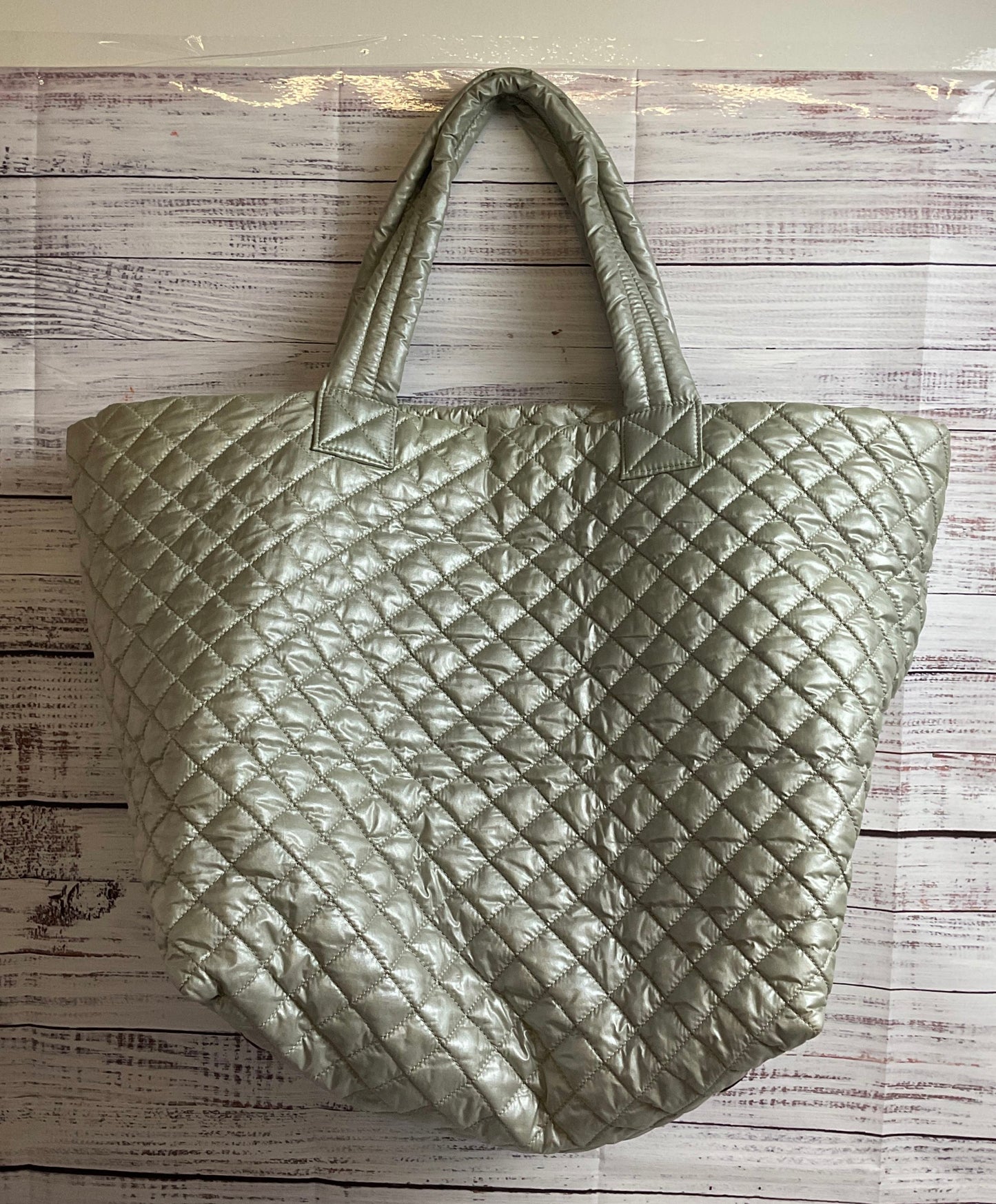 2 Piece MZ Wallace Sutton Deluxe Metallic Silver Quilted Tote & Toiletry Bag