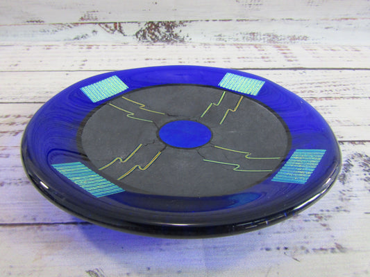 Artist Signed Cobalt Blue Dichroic Glass Retro Geometric Trinket Plate