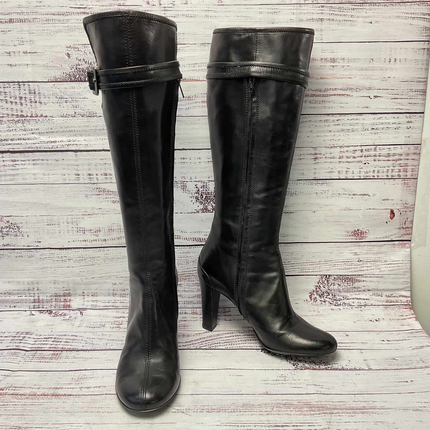 Hugo Boss Black Leather Side Zip Knee High Tall Boot Heel Women 6.5