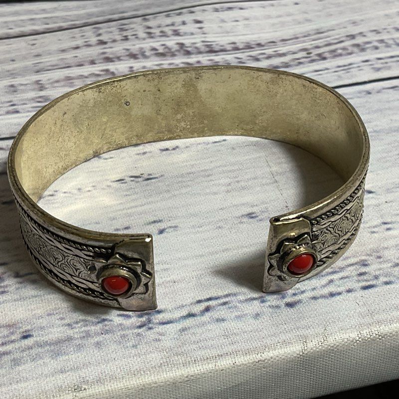 Tibetan Himalayan Hard Silver Tone & Coral Bangle Bracelet- 7.5"
