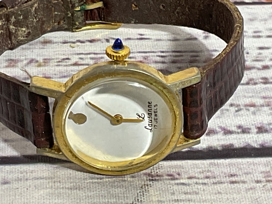 LAUSANNE F-R Women's Gold Tone Watch with Brown Leather Band- WORKS!!!