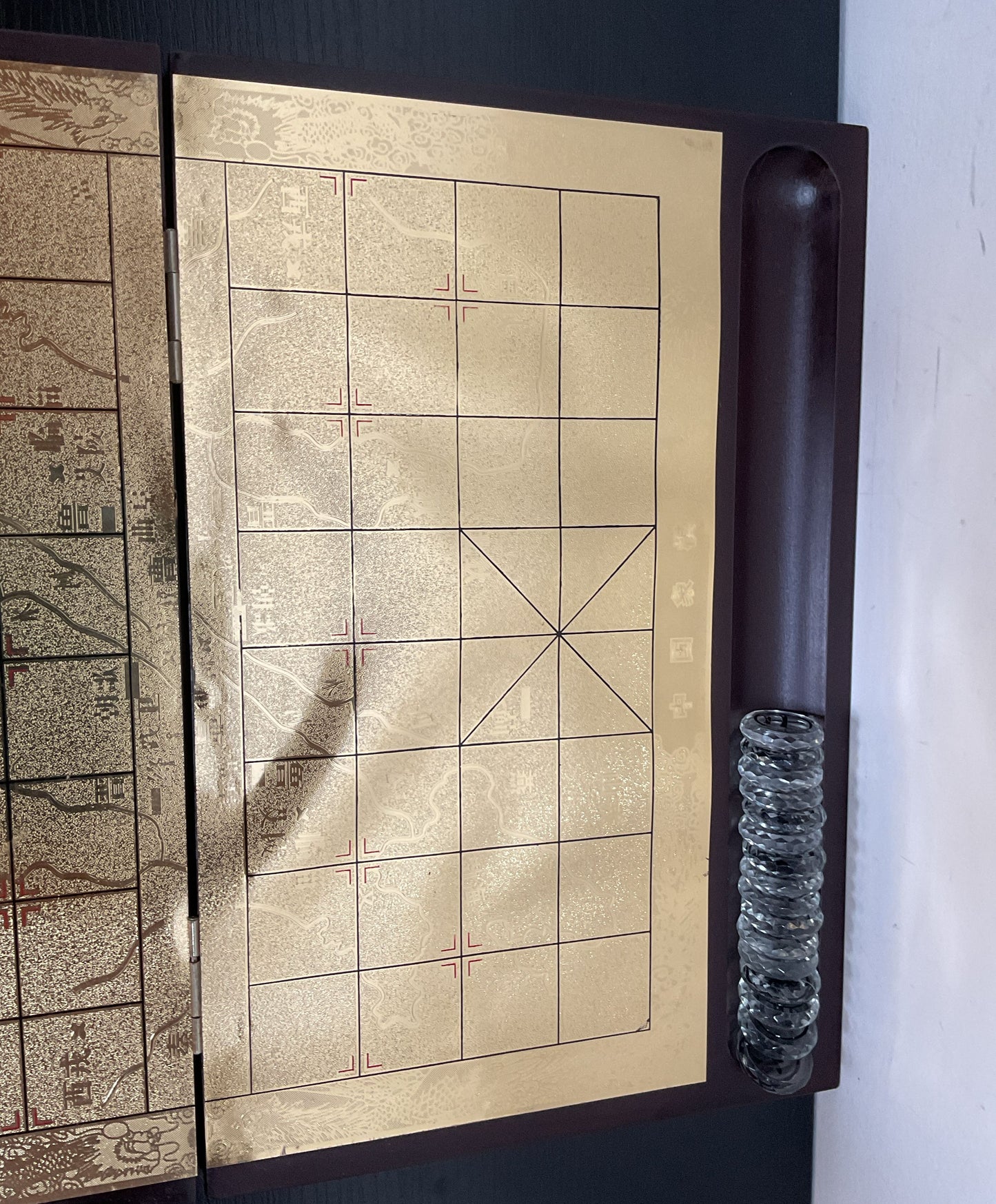 Etched Glass Xiangqi Chinese Chess Set With Mahogany Wood Case