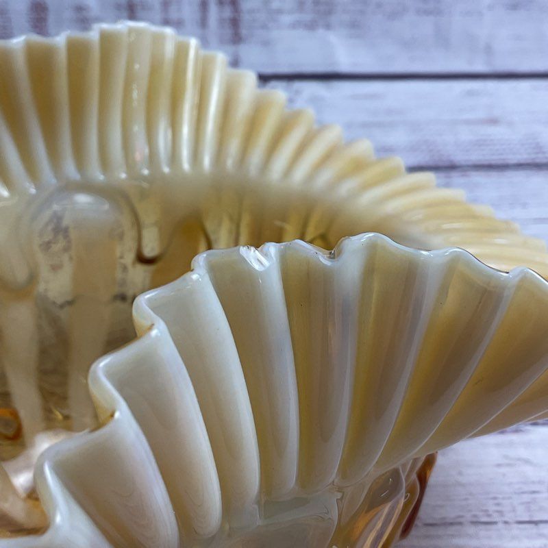 Vintage Ivory & Amber Swirl Glass Ruffled Edge 8" Bowl Vase