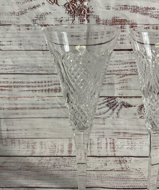 2 Waterford Flutes Crystal Wedding Heirloom Heart Toasting Champagne Glasses 10"