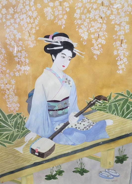 VTG./ANTIQUE Signed Japanese SATSUO SUZUKI Geisha Silk Painting- FRAME 27" X 35"