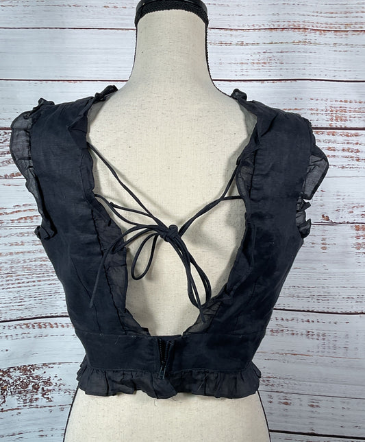 Joslin Linen Ruffle Sleeveless Top Navy Blue 8