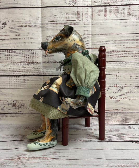Vintage Hand Made Anthropomorphic Dog Doll W/ Chair Accessory