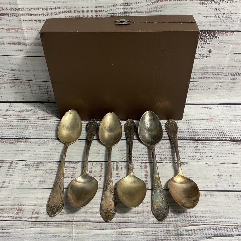 Lot Of 6 Russian MHU Silver Plate Soup Spoons w/ Brown Case