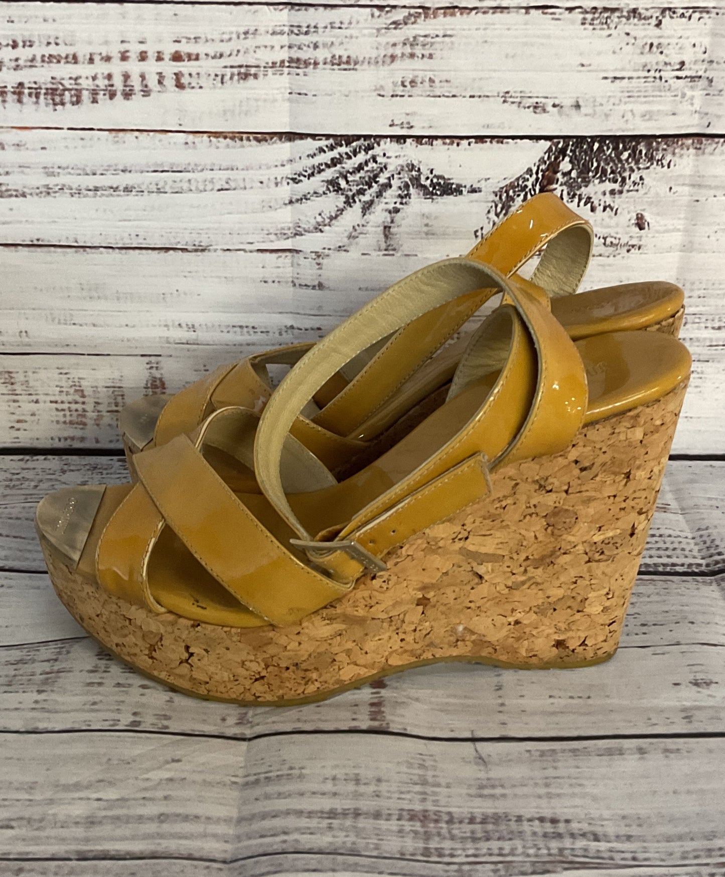 Jimmy Choo Patent Leather Strappy Cork Wedge Sandals Beige 8