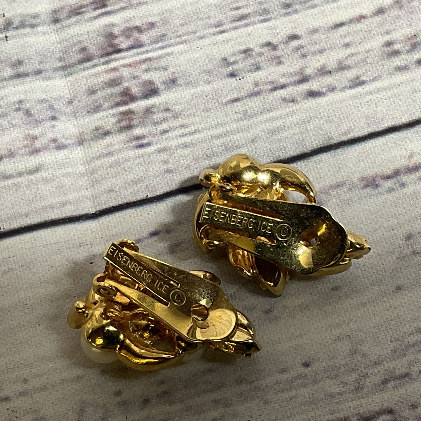 VTG. EISENBERG ICE Gold Tone Faux Pearl & Rhinestone Earrings- 1.25"