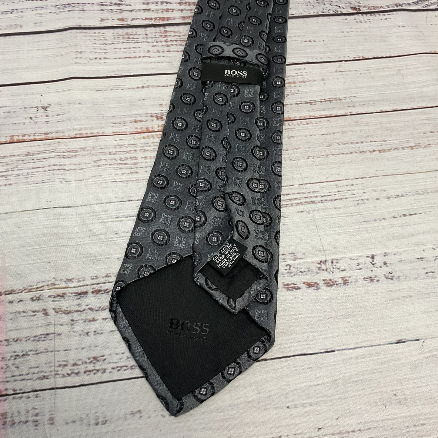 Boss Hugo Boss Grey Geometric Pattern Silk Neck Tie - Size 58"