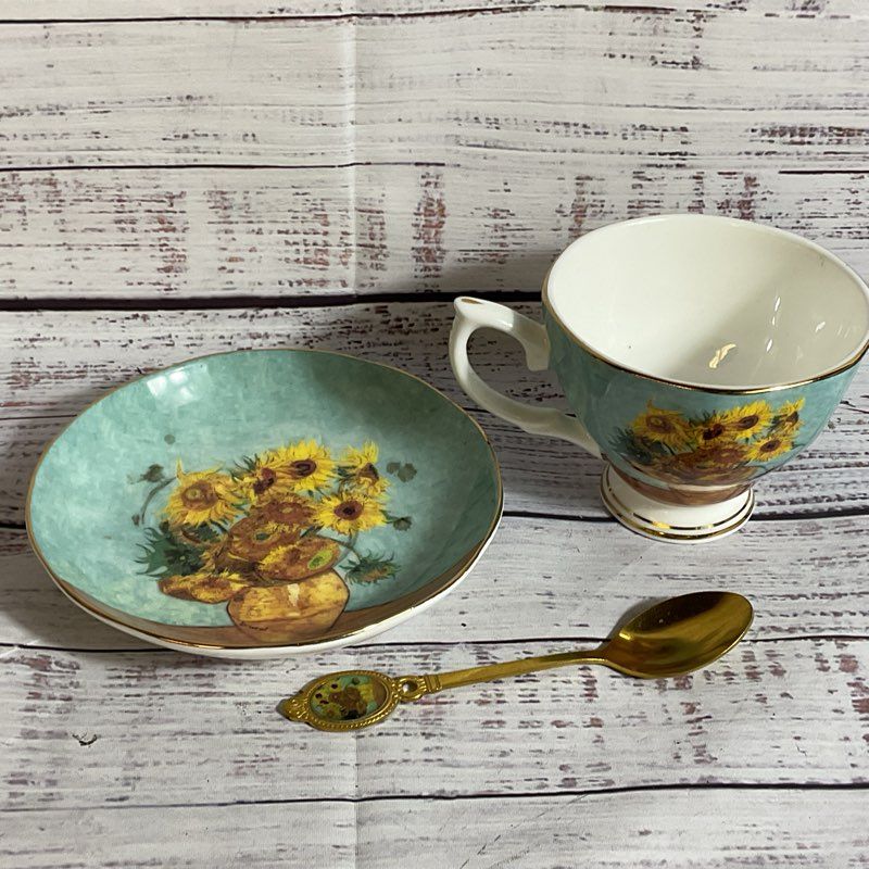 VAN GOGH Sunflowers Motif Cup, Saucer & Teaspoon Set- China