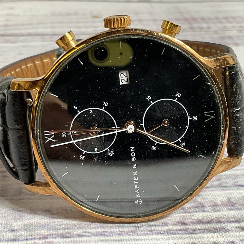 KAPTEN & SON Men's Gold Tone Black Crock Embossed Leather Chronograph Watch