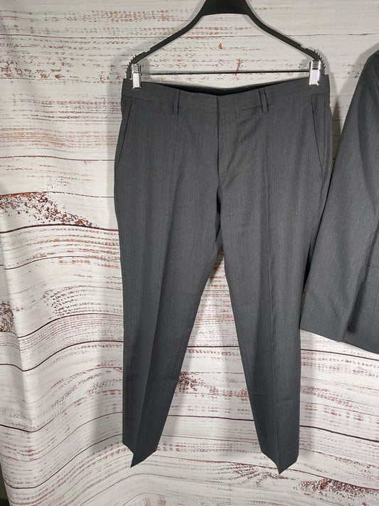 Hugo Boss Men's 2 Piece 100% Wool Grey and Blue Striped Suit Jacket Pants 40S