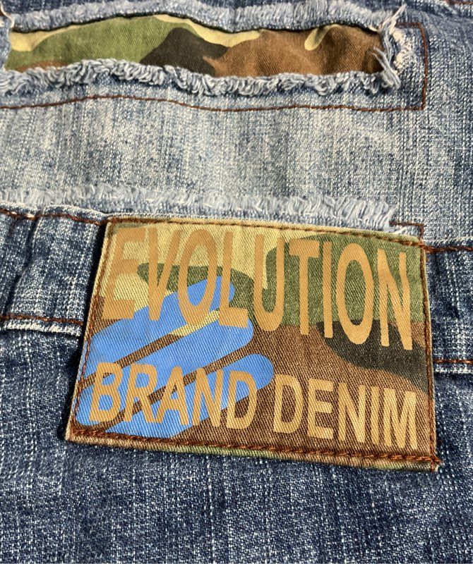 Vintage Evolution Men's Blue Denim Distress Green Camo Size 36 Cotton