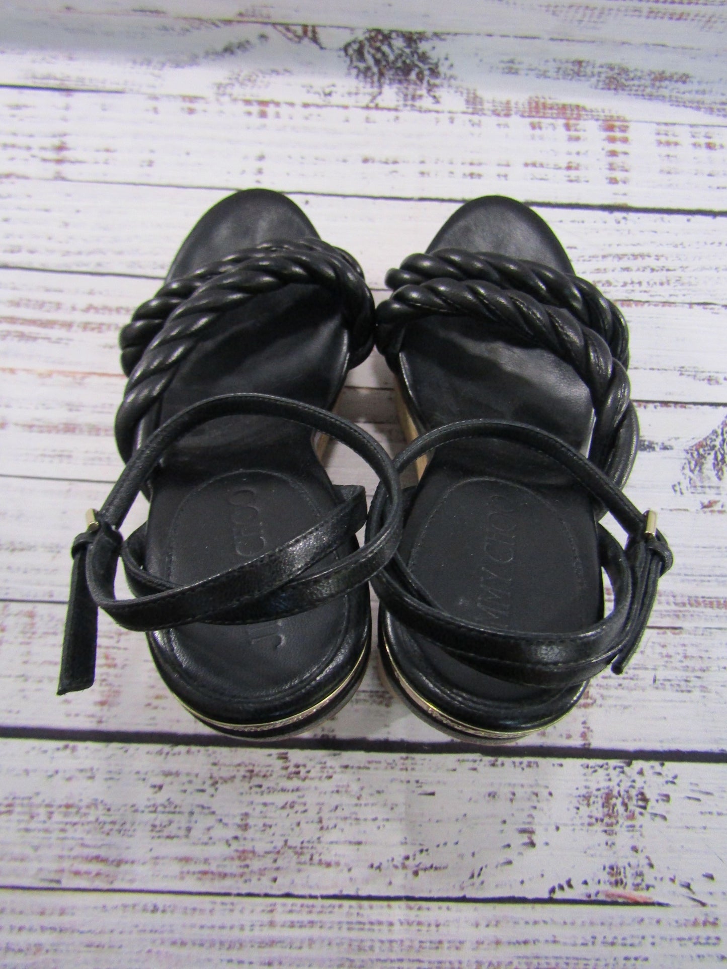 Jimmy Choo Diosa Women's Black Leather Espadrille Wedge Sandals Made in Spain