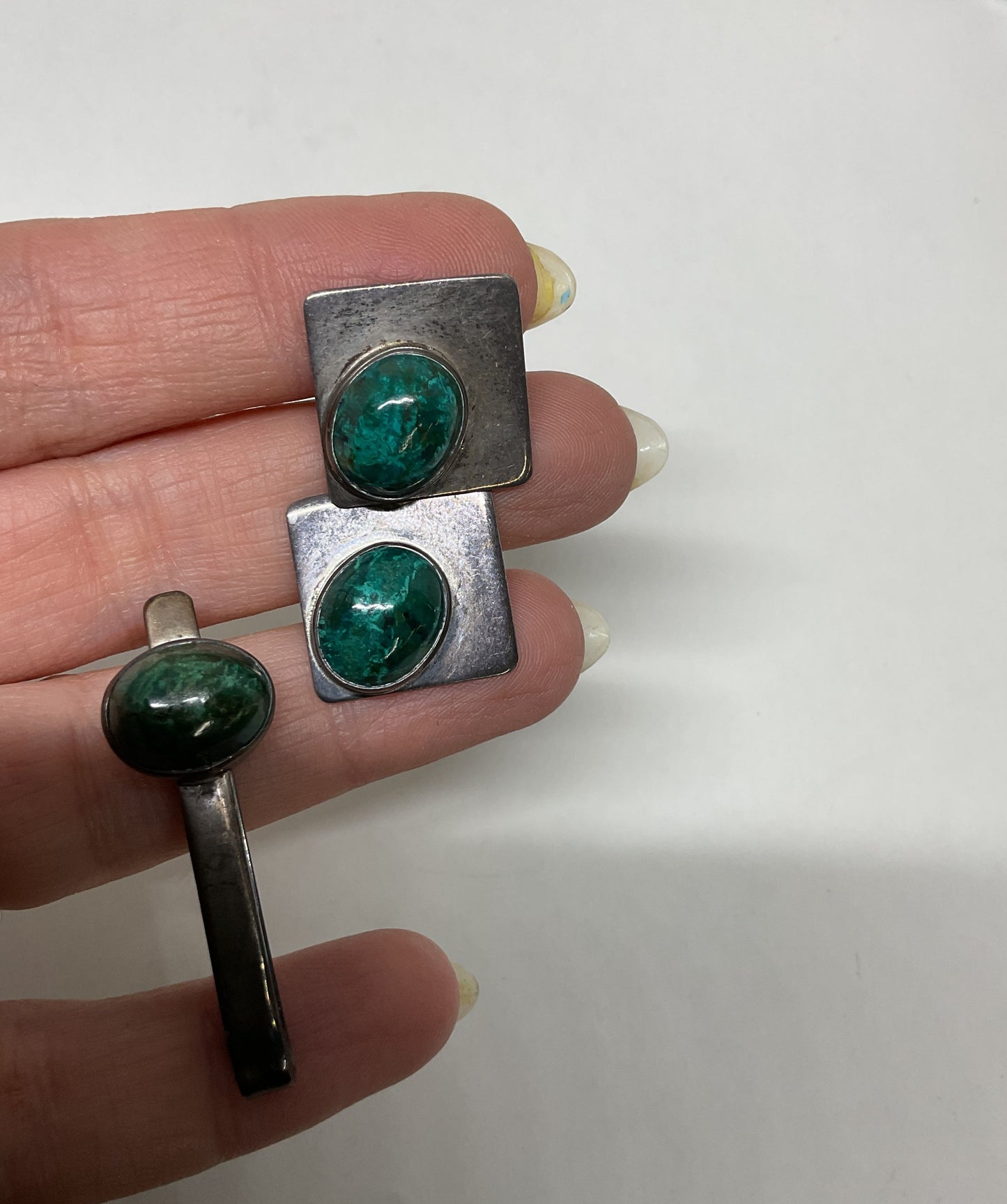 ISRAEL Sterling Silver Vintage Cufflinks & Tile Clip with Green Malachite