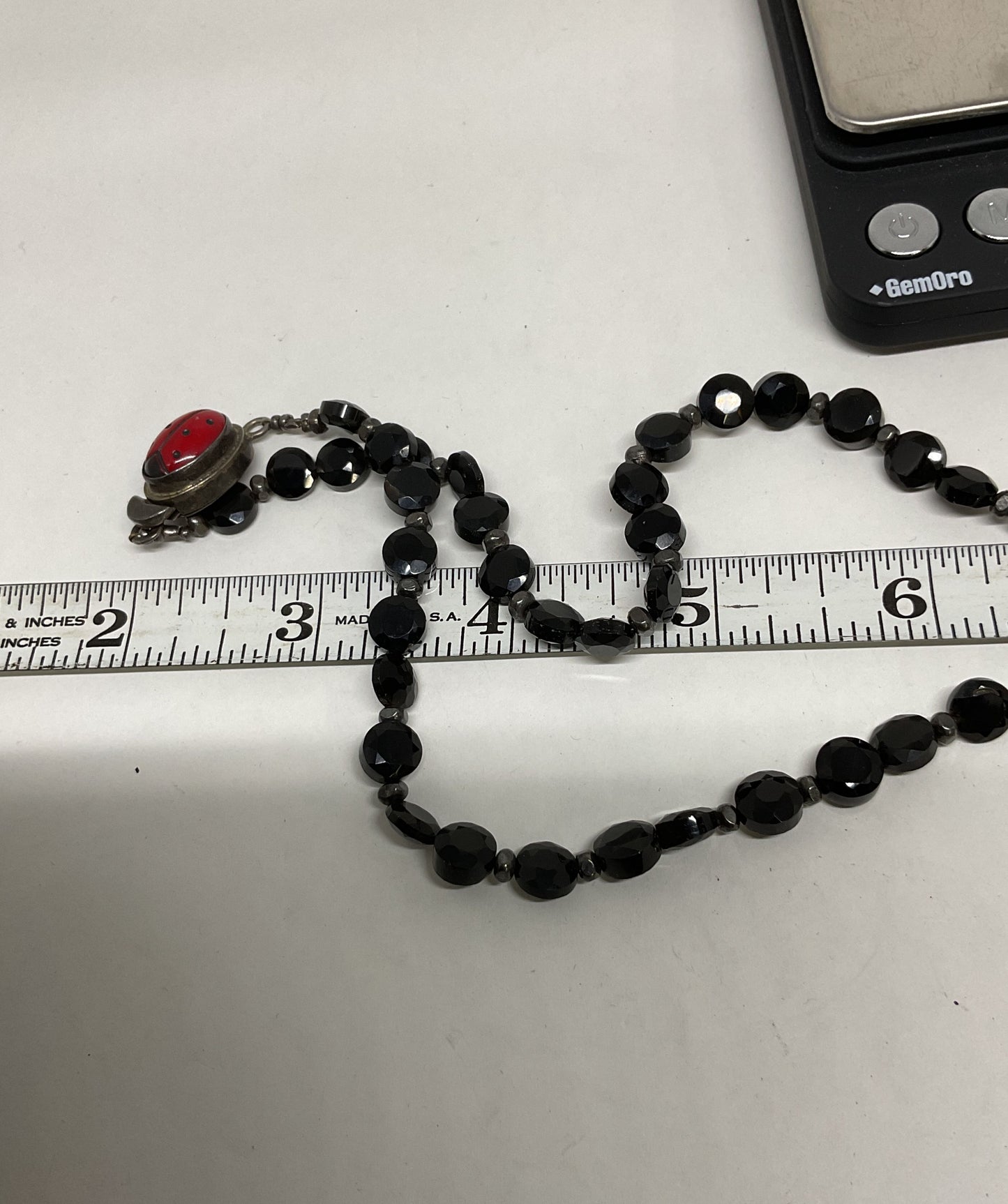 Black Beaded Sterling Silver Ladybug Clasp Vintage Necklace