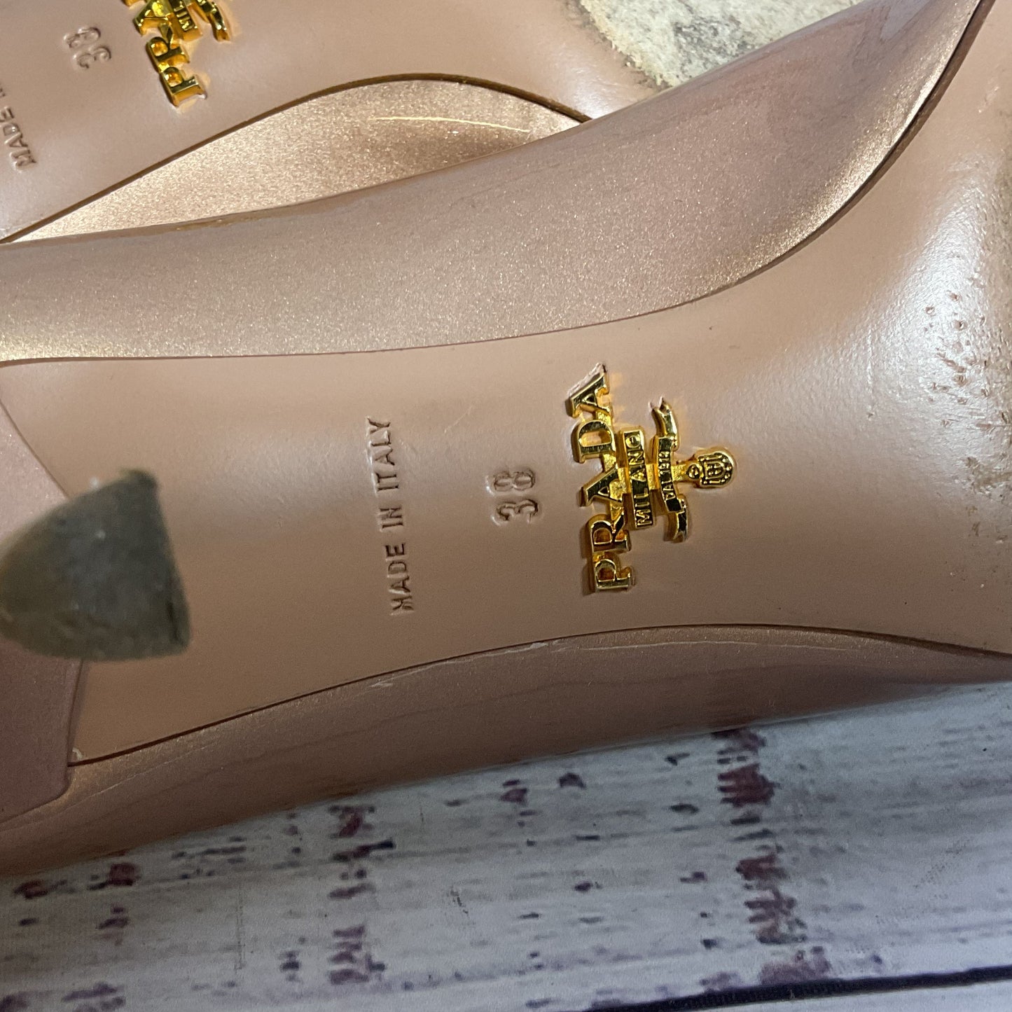 PRADA Women's Champagne Patent Leather Pump Heels- 38/ 8 US