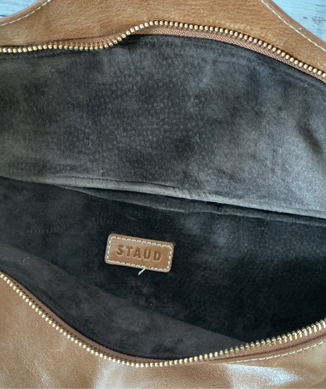 Women's Staud Moon Shape Brown Leather Shoulder Handbag AS IS
