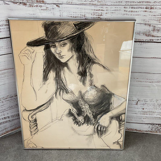 Signed VTG. RUTH ROSSMAN "Girl In Black Hat" Charcoal Drawing- FRAMED