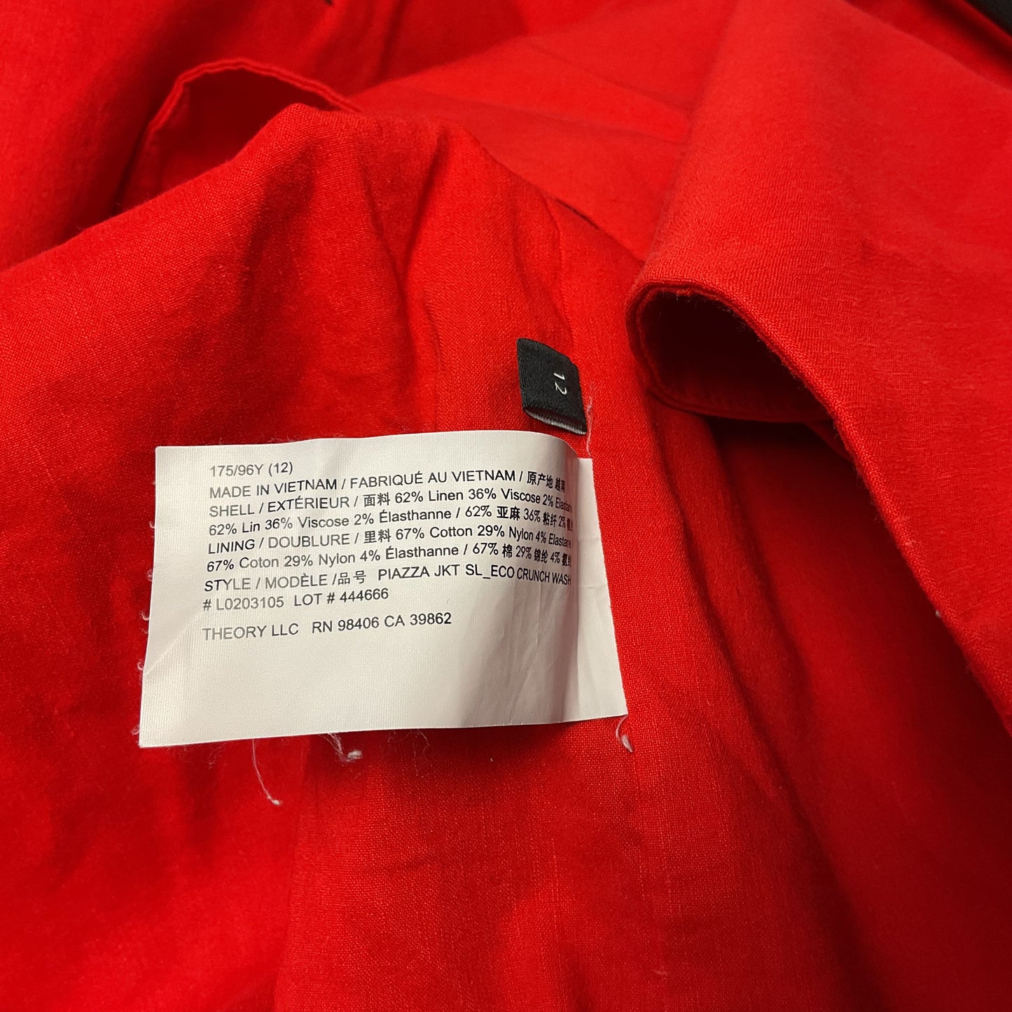 Theory Red Double Breasted Linen Blend Coat - Size 12