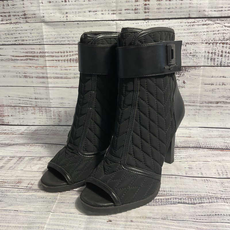 Karl Lagerfeld Britney Quilted Black Ankle Strap Open Toe Pump Boots Women's 7.5